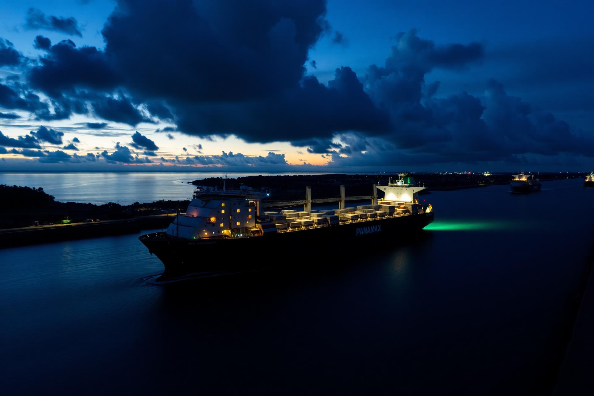 Panamax bulk carrier transiting the Panama Canal at blue hour